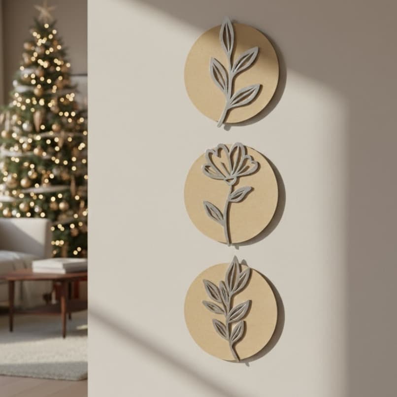 Trio Quadros Redondos MDF Cru 25x25cm Decoração Interiores Minimalista Casa Sala Parede