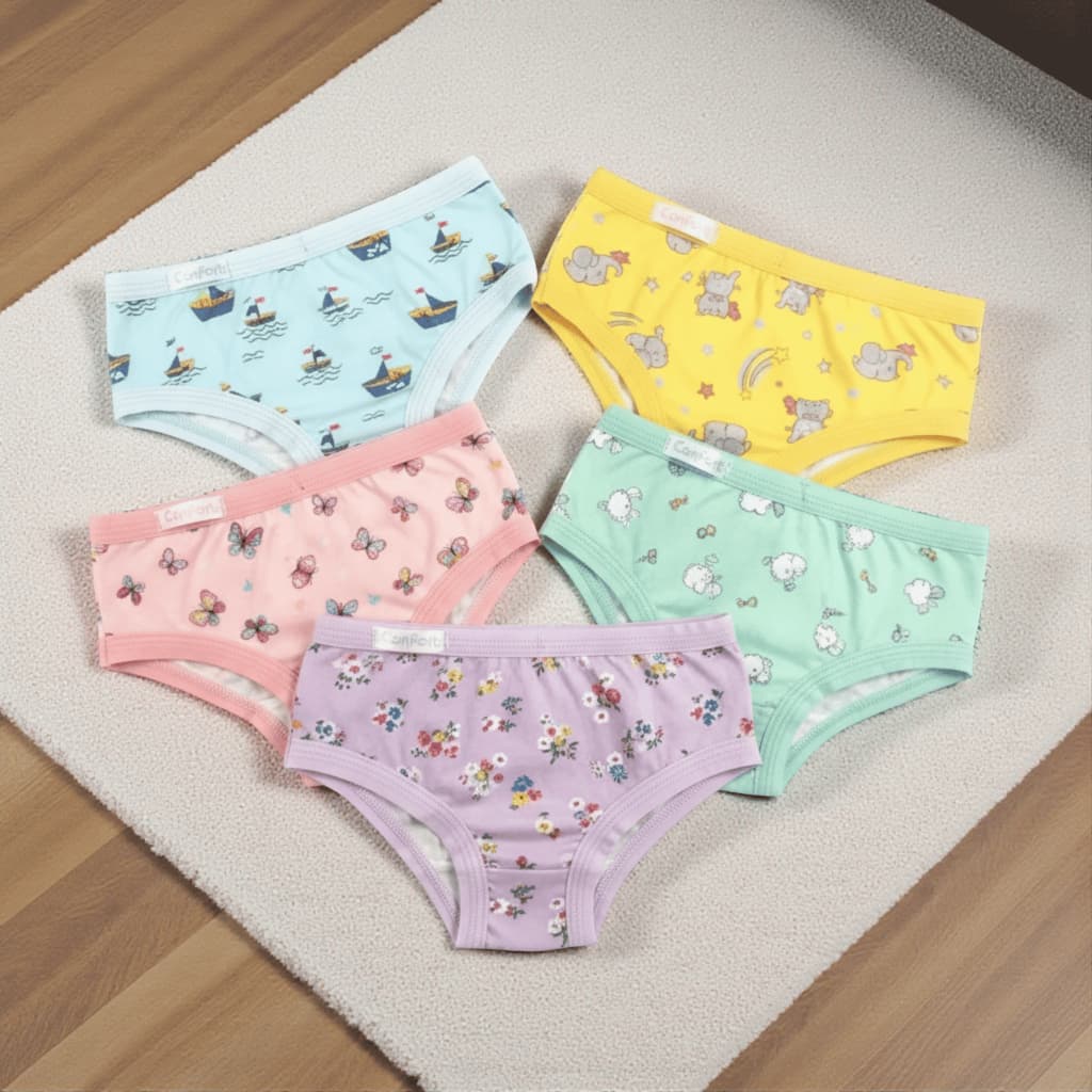Kit 5 Calcinhas Infantis de suede Tangas Estampadas com viés elástico confortável menina moça