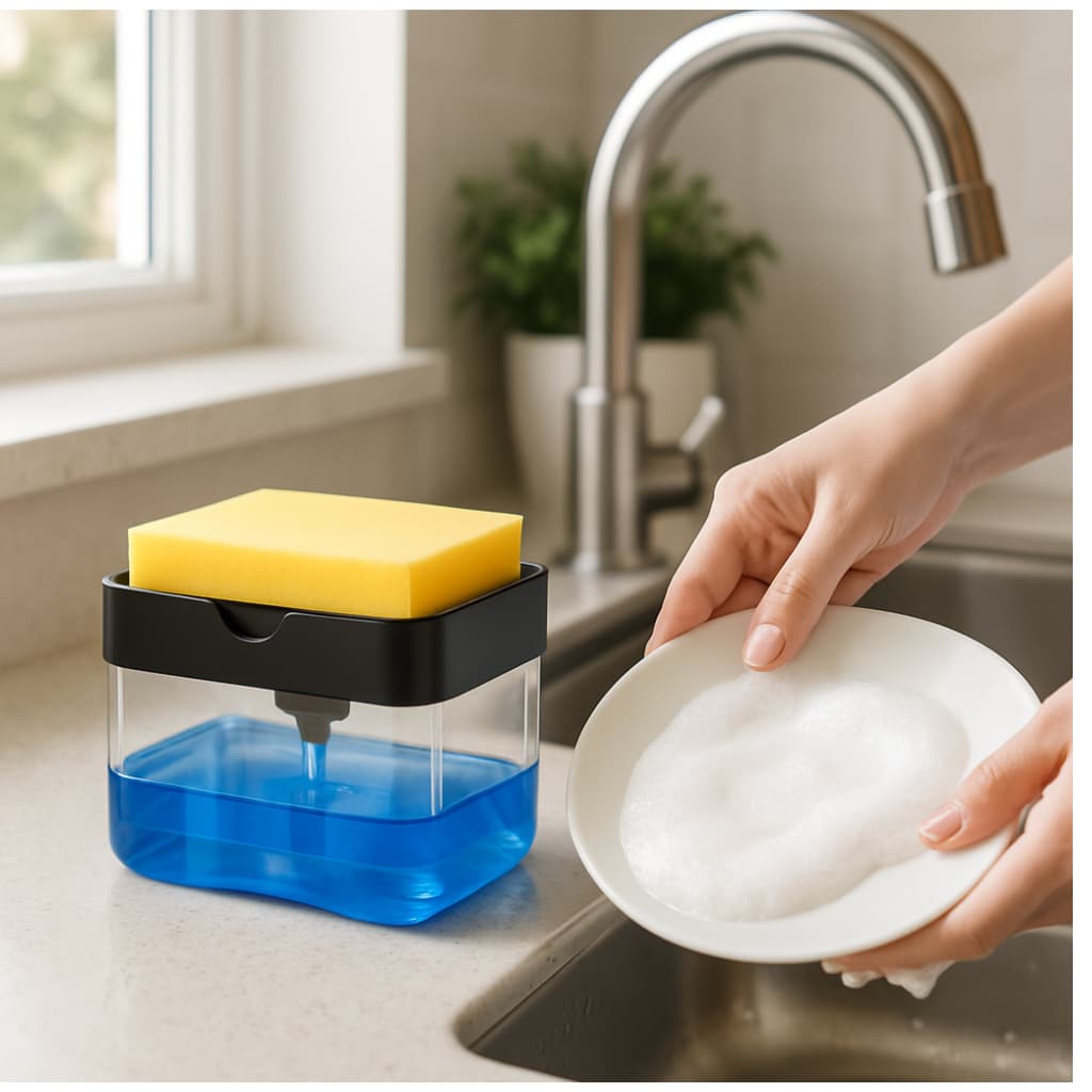 Dispenser Porta Detergente De Plástico 520ml Com Esponja / Suporte Porta Bucha Esponja