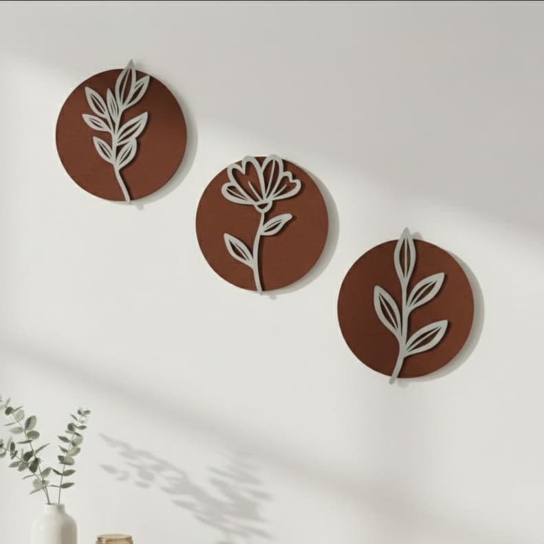 Kit 3 Quadros MDF Redondos Marrom Decoração Minimalista Casa Interiores Hall Sala Quarto Presente