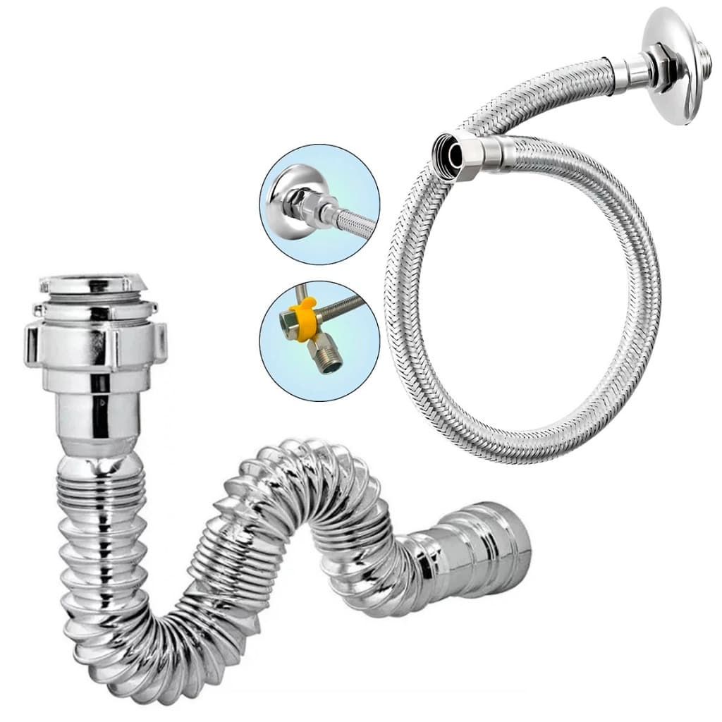 Kit Sifão Sanfonado Flexível Cromado p/ Pia Cozinha Banheiro universal + Engate Trançado Inox 60 cm