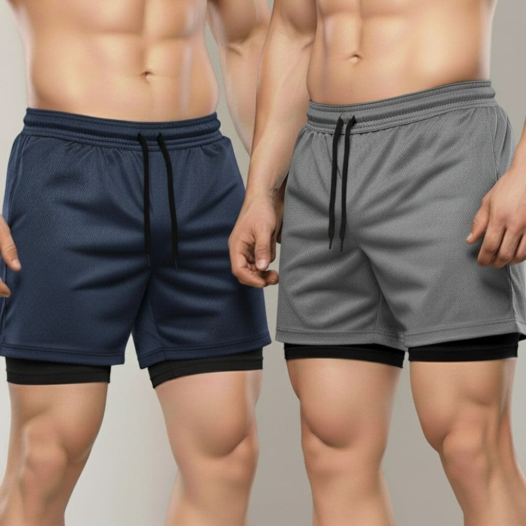 Kit 2 Short Masculino Dry Fit 2 em 1 com Forro e Bolso Interno