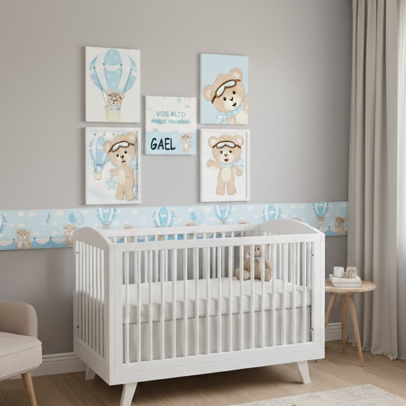 Quadro Decorativo Enxoval Bebe Infantil urso balão +1 faixa Adesiva Papel de Parede