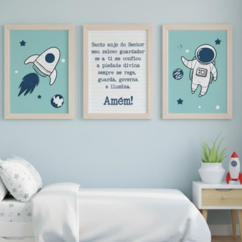 Kit 3 Quadros Para Quarto de Bebê Astronauta e Oração Santo Anjo