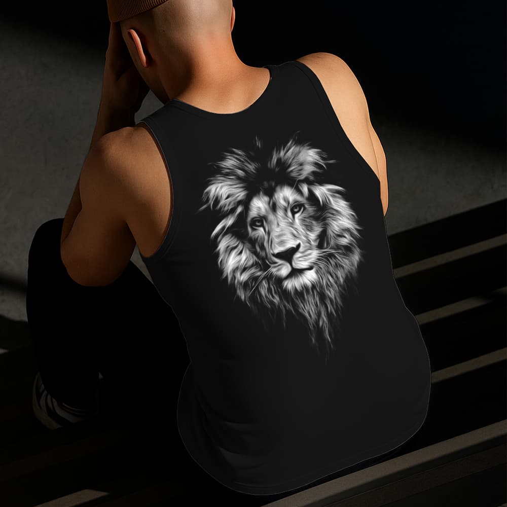 Camiseta Regata Masculina Estampada Leão Cinza 100% Algodão Estilo Conforto Diário Do Tamanho P ao GG