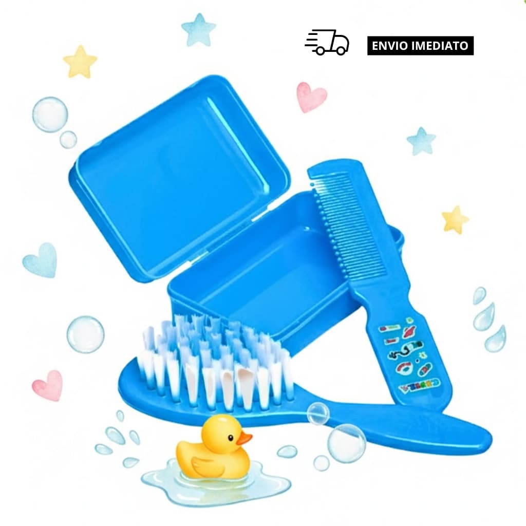 Kit Banho Bebê Recém-Nascido Completo Escova Pente Saboneteira Prendedor Azul