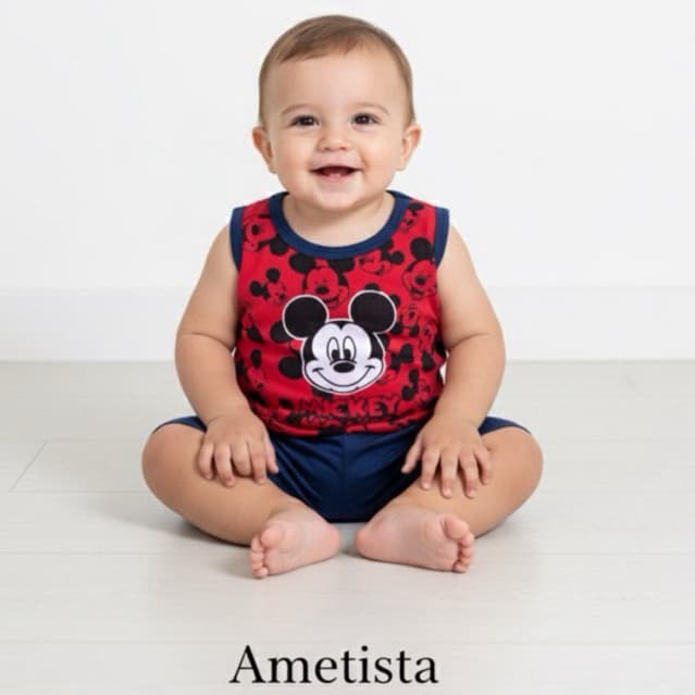 Conjunto Micky Bebê Menino Regata e Short Malha Algodão Roupa Infantil de Menino Verão Moda Bebe