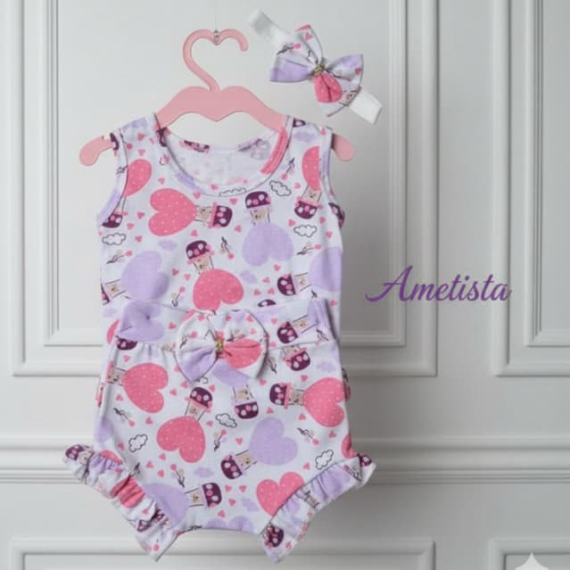 Conjunto Bebê Menina Blusinha e Short com Babados e Tiara com Lacinho Conjunto Estampado Bebe Menina