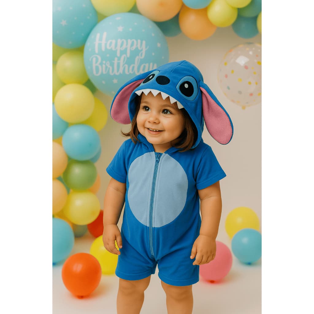Macacão Curto Stitch - Fantasia Infantil Tamanho 4, 6 e 8