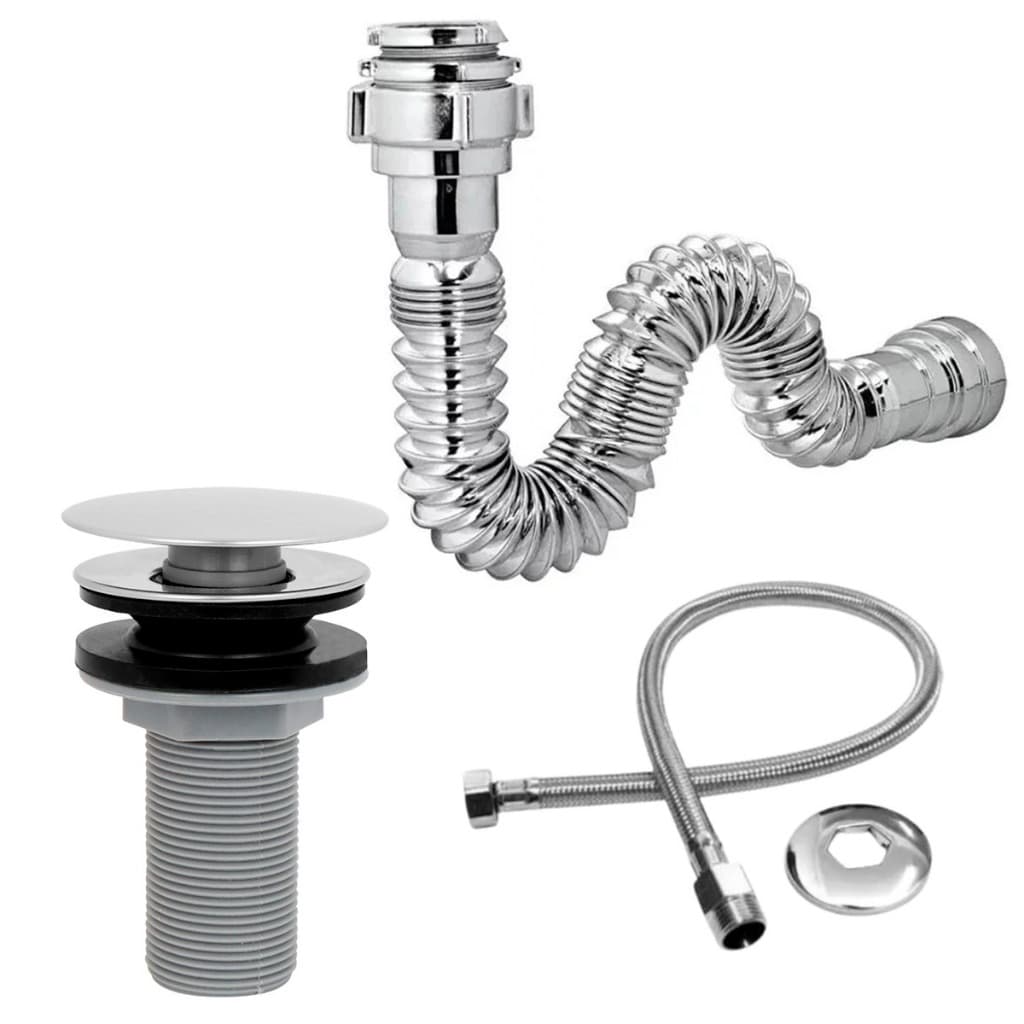 Sifão Sanfonado Cromado Universal + Valvula click 7/8 Tampa inox Abs + Engate Flexível 60cm trançado