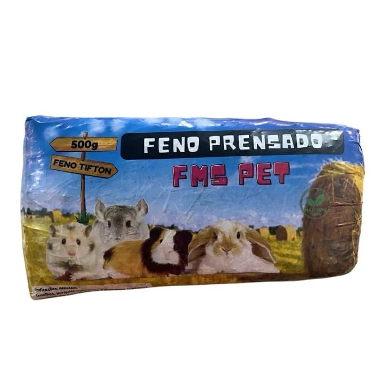 Feno Tifton Prensado 500g para Coelhos Porquinho-da-Índia Chinchila Hamster Fibra Desgaste Dente - FMS Pet