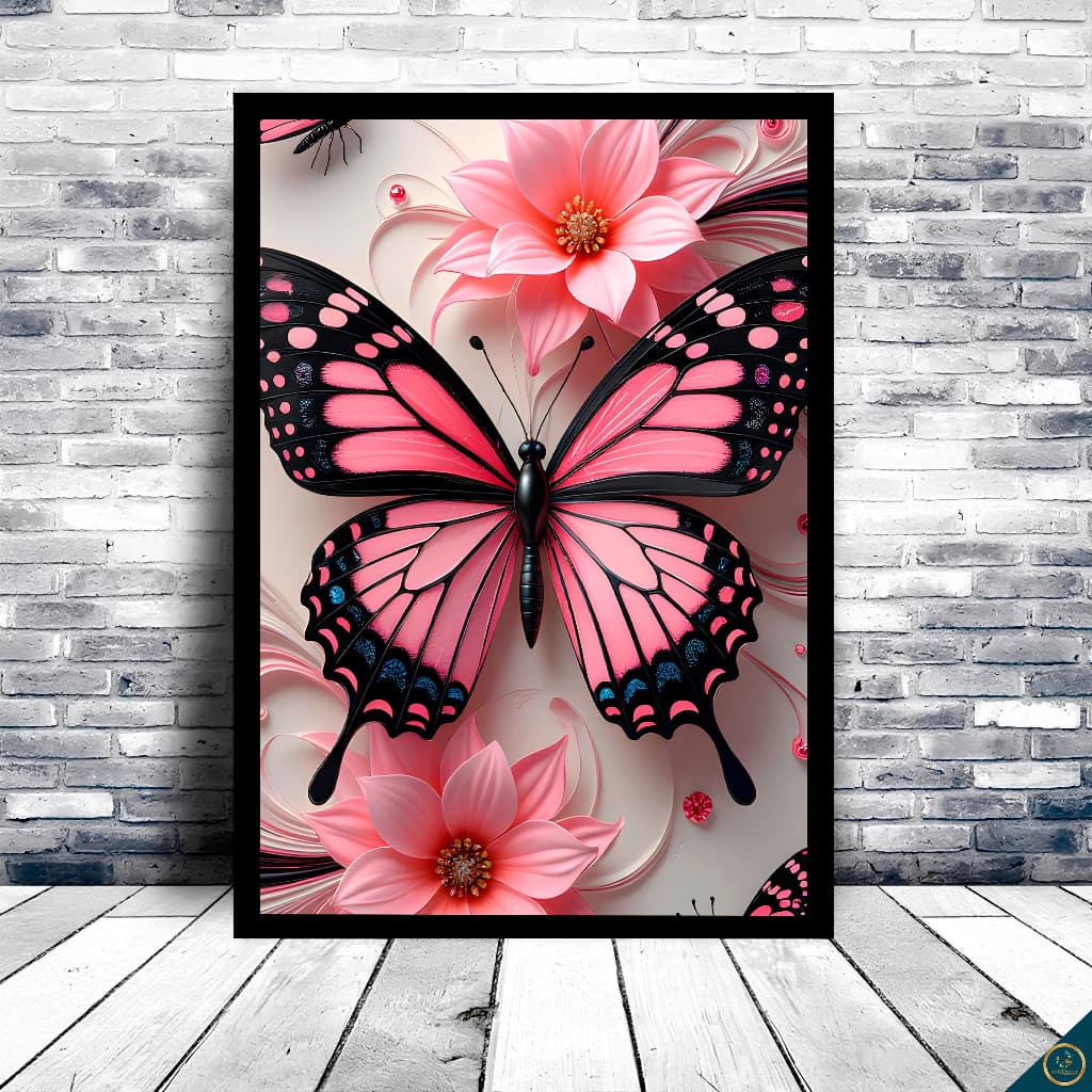 Quadro Decorativo Flores Borboletas Rosas Charme e Delicadeza para seu Ambiente Luxo Sala Quarto Hall Escritório