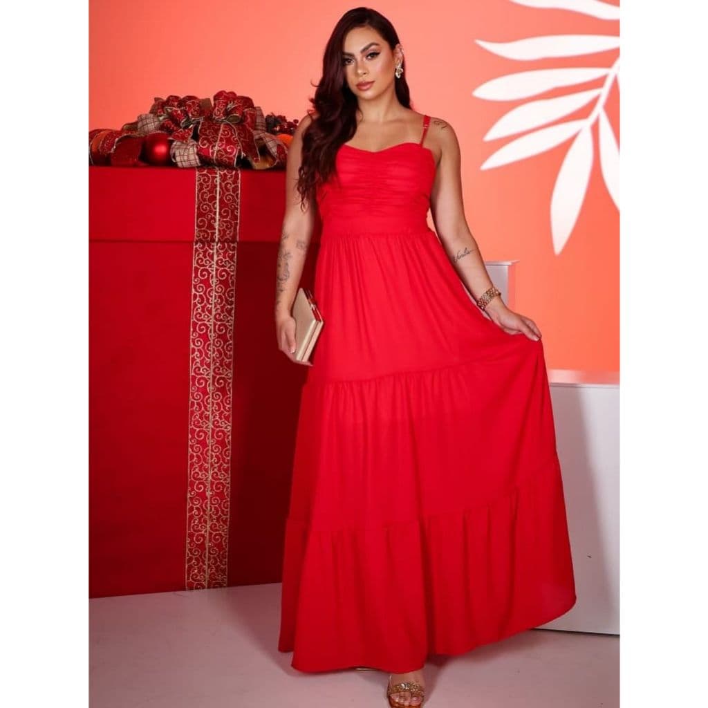 Vestido Longo Feminino Busto Plissado Alças Reguláveis Bojo Elegante Moderno Festa Noite 3 Maria Versátil