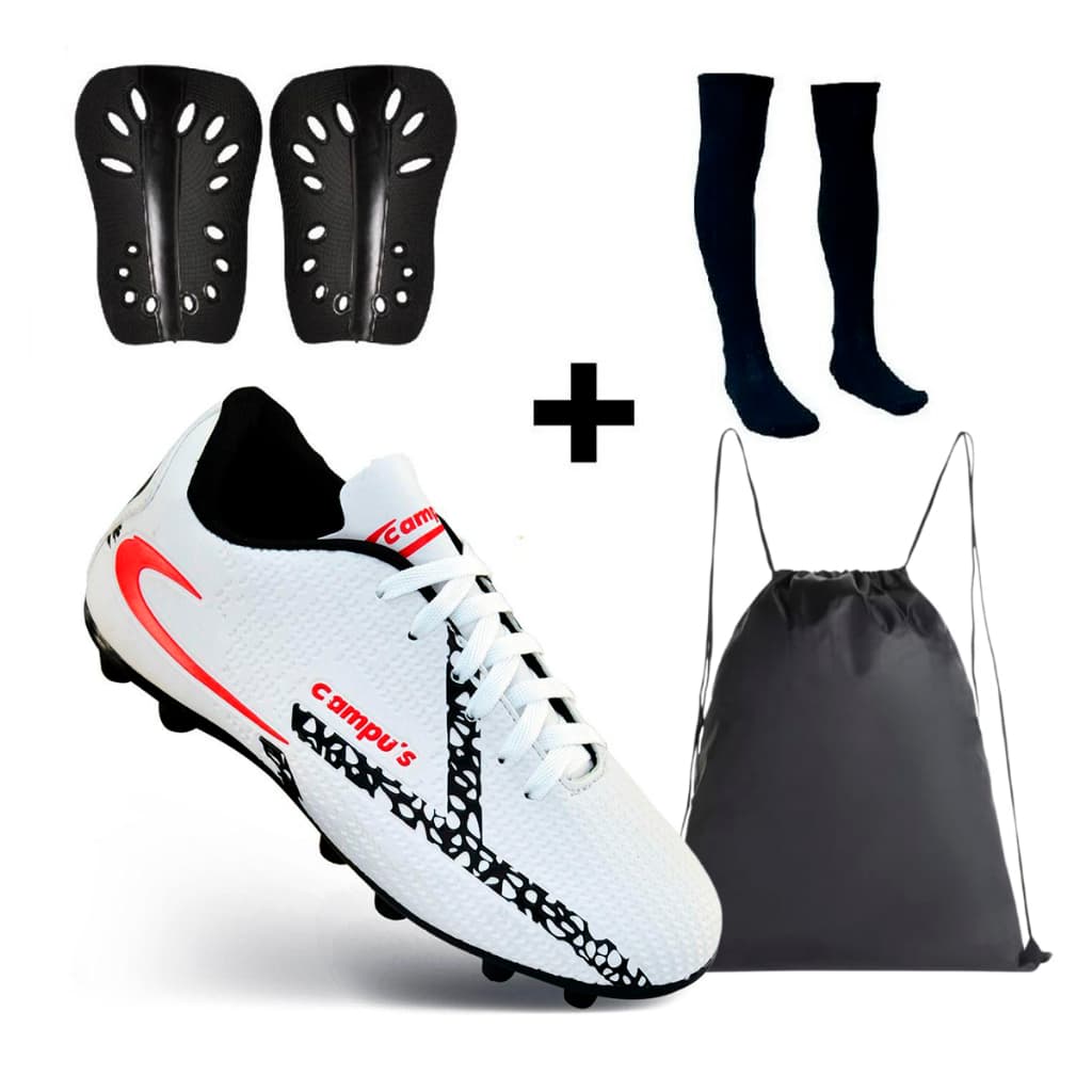 Kit Futebol Completo com Chuteira de Trava +Caneleira+Meião Sortido+Mochila Bag Esportiva Lançamento