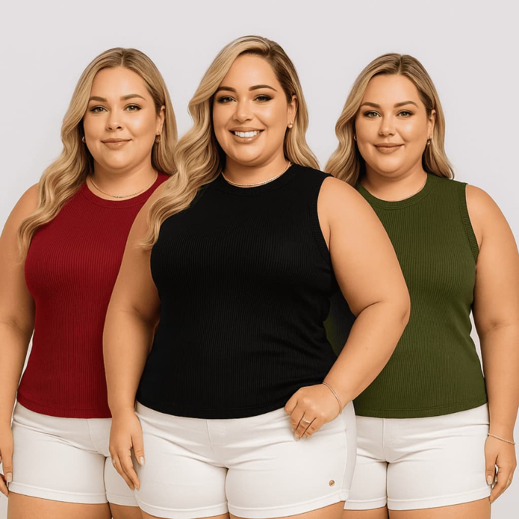 Kit 3 Regata Plus Size Feminina Em Suede Canelado Premium