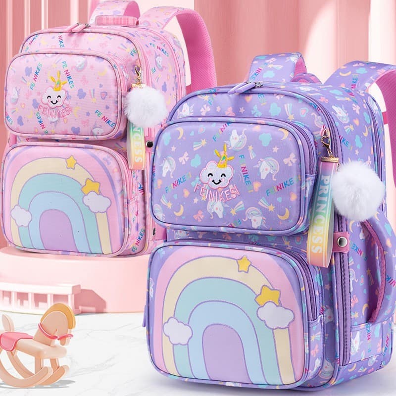 Mochila Grande Feminina escolar Arco-Íris Impermeável Leve Multi-Bolsos