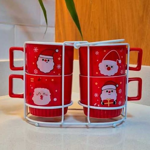 Conjunto 4 Canecas C/ Suporte de Ferro Natal Noel Cerâmica 300ml