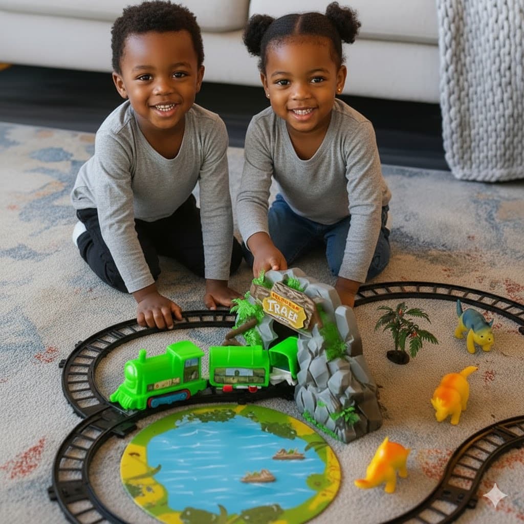 Trem Elétrico Infantil Trilho dos Dinossauros – Kit Locomotiva com Trilhos e Acessórios