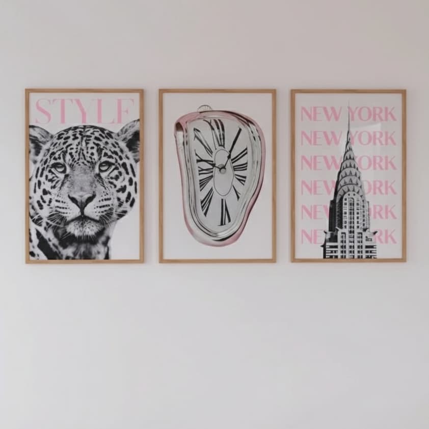 Quadros decorativos Leopardo Relógio Derretido New York Moderno (3 peças)