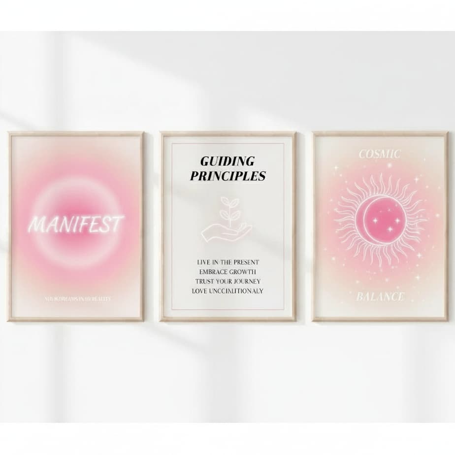 Quadro decorativo Manifesto cósmico rosa espiritual (3 peças)