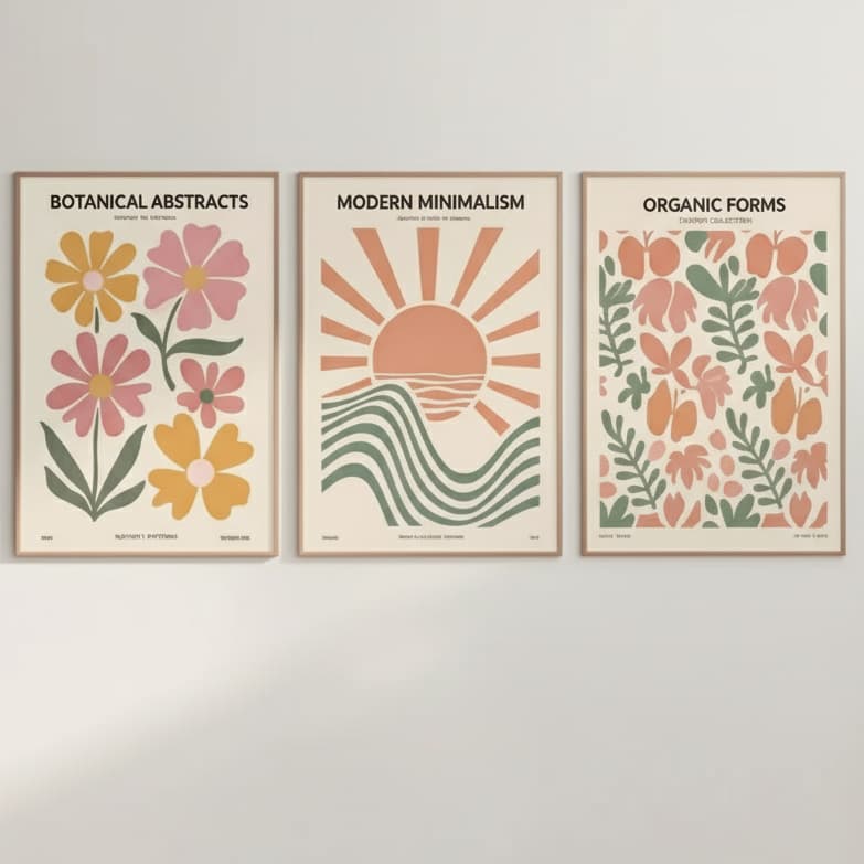 Quadros decorativos botânico retrô moderno flores e sol (3 peças)