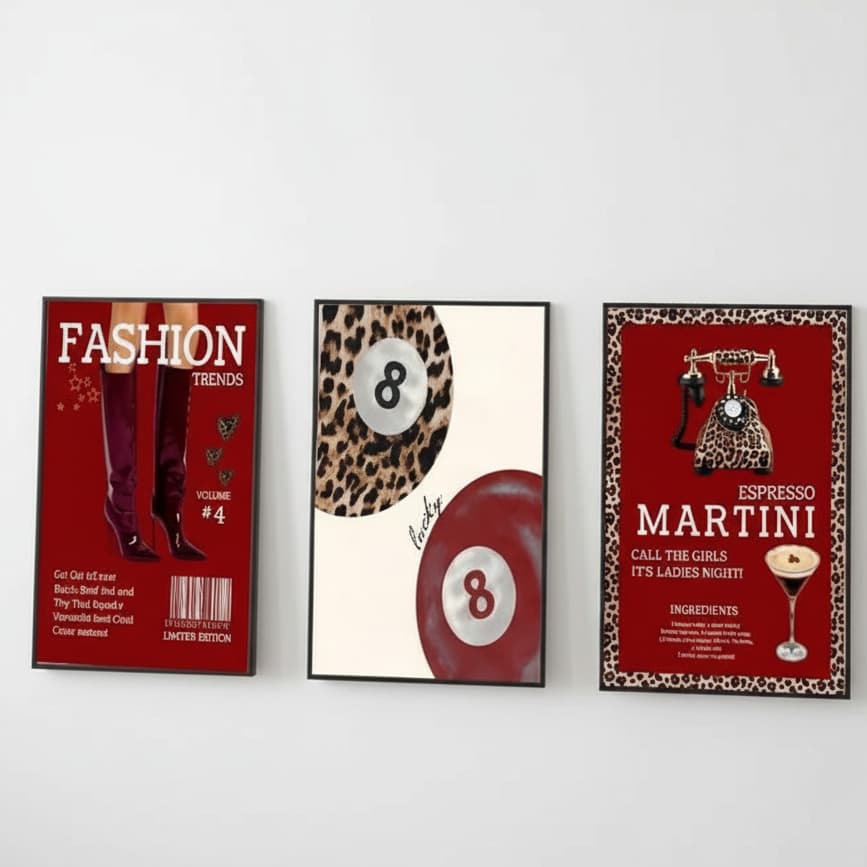 Quadro decorativo Fashion martini e bola 8 vermelha (3 peças)