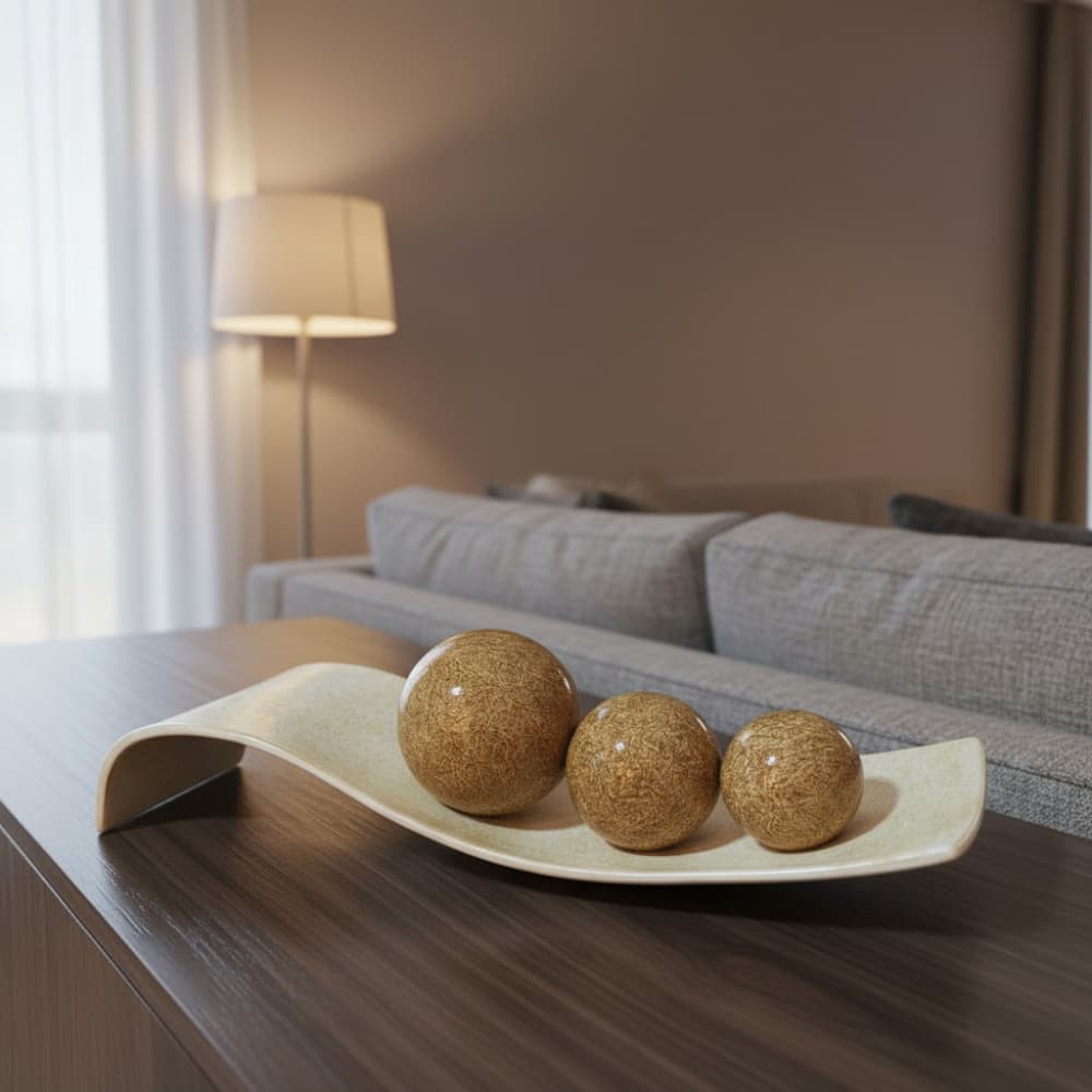 Centro de Mesa em Cerâmica Barca com Esferas Enfeite Decoração Rack Sala