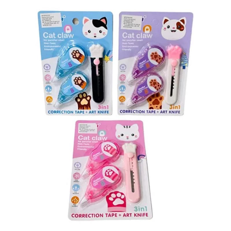 kit Fita Corretiva 2 Unidades E 1 Mini Estilete fofo de Gatinho