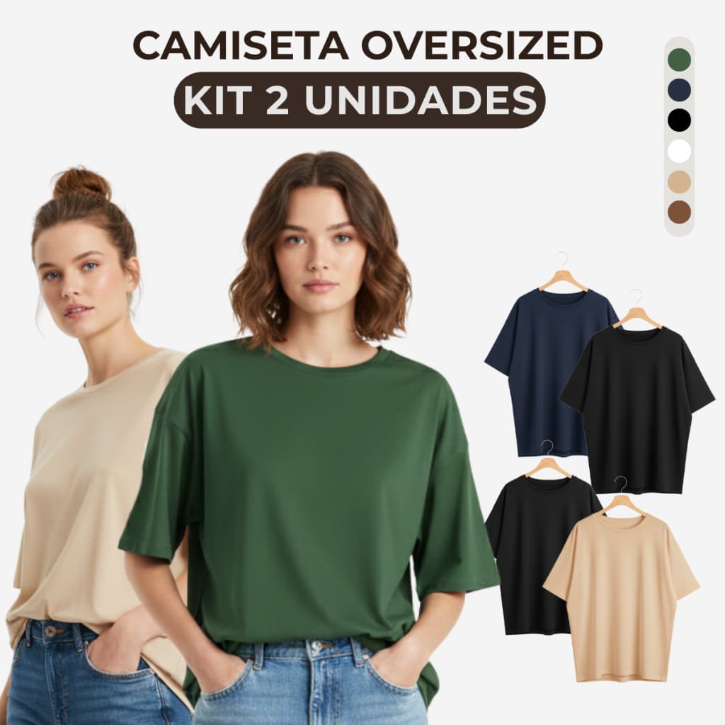 Kit 2 Camiseta Oversized Feminina Streetwear Lisa Gola Alta Americana Estilosa Blusa Basica Casual