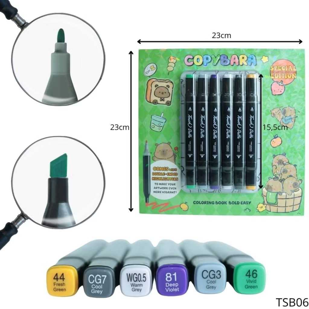 Copybara livro de colorir com 6 canetinhas ponta dupla.