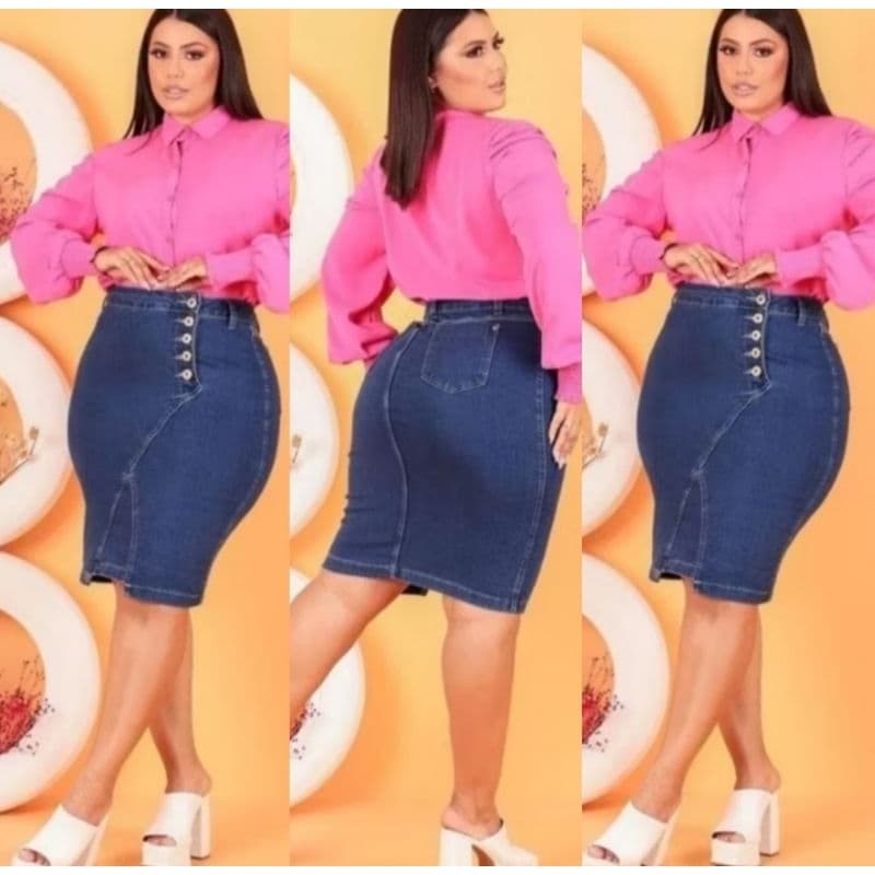 Saia Jeans Feminina Plus Size Cos Alto Midi com lycra Moda Evangélica 50/52/54