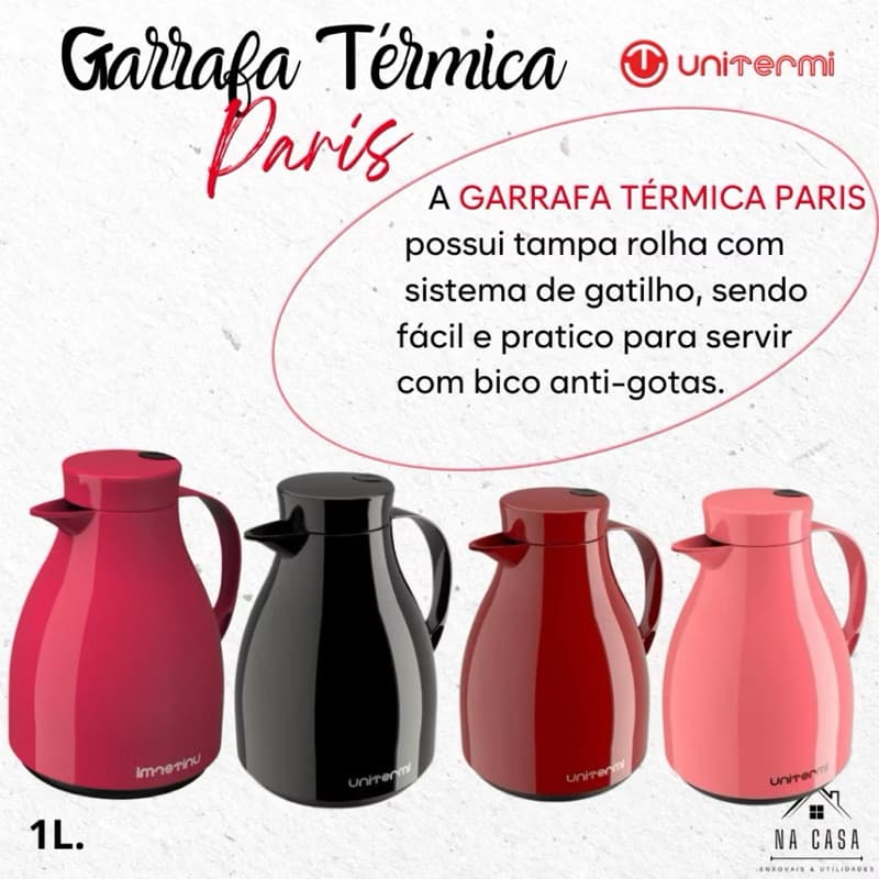 Garrafa Térmica Paris Bule Gatilho 1Litro Bico Para Café Chá  Leite Unitermi