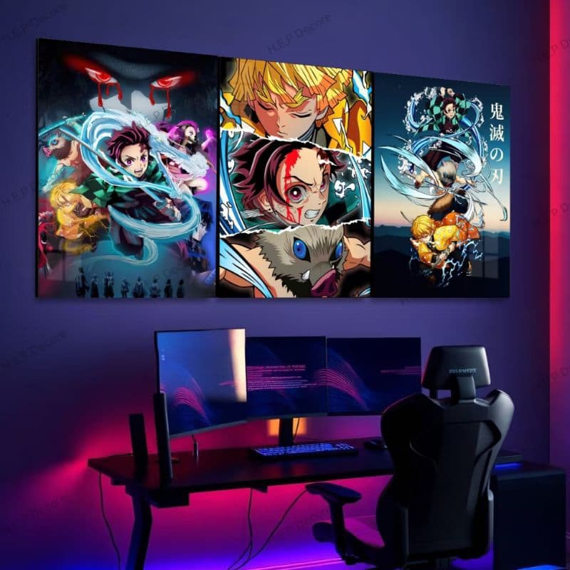 H.E.P Decore Exclusivo: Kit 3 Quadros Demon Slayer 40x60cm| Tanjiro Zenitsu Inosuke