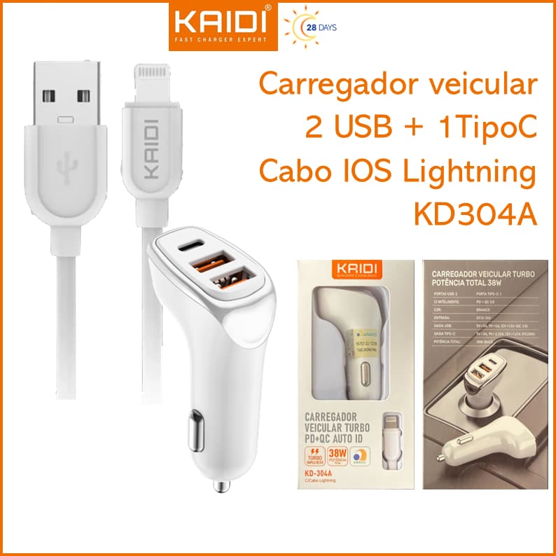 Carregador Veicular Turbo Fonte com 3 Saídas com Cabo USB para Lightning iPhone 1m Kaidi KD-304A