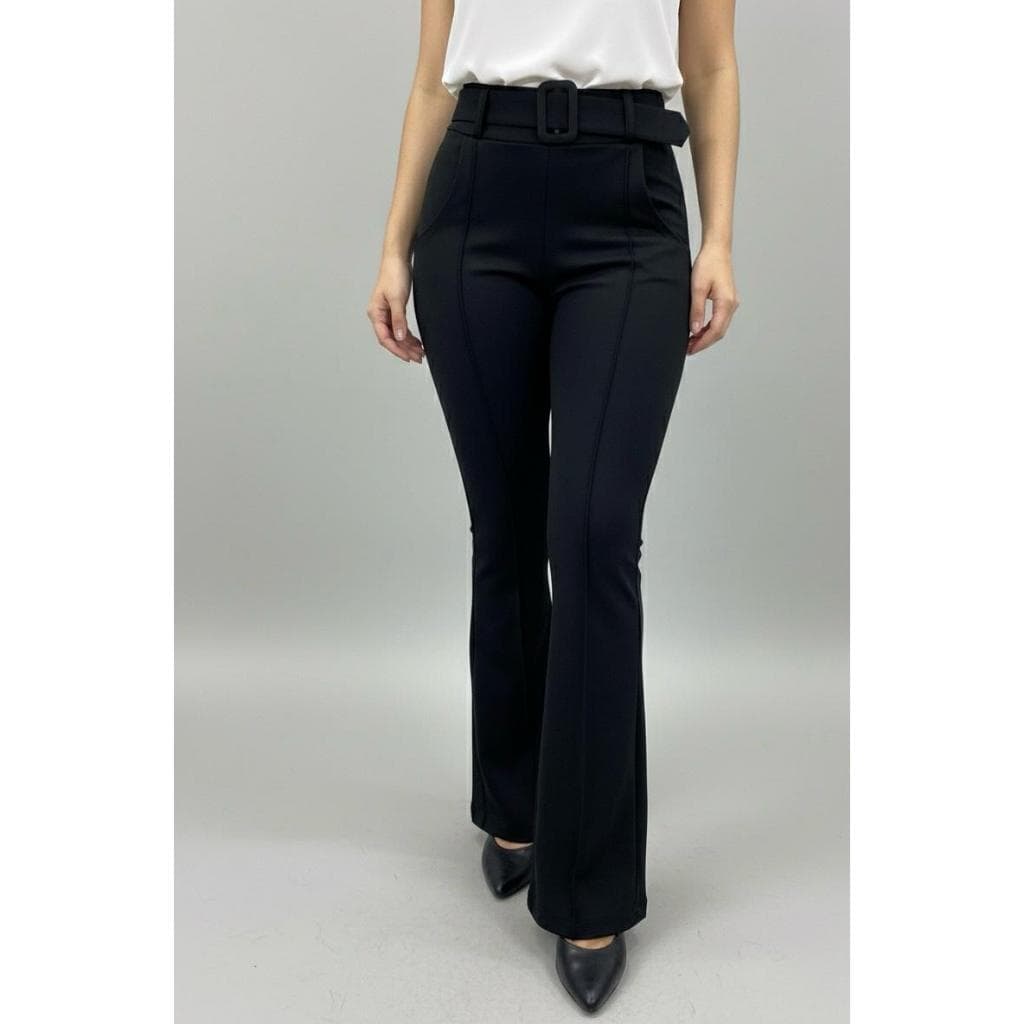 Calça Flare Feminina Cinto Boca Larga Elegante Social Cintura Alta em Crepe