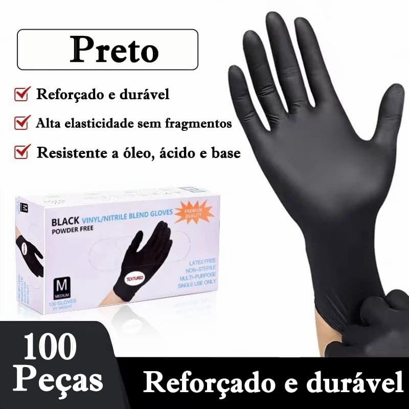 Luva Nitrílica Preta Descartável Sem Pó 100 Unidades para uso Profissional