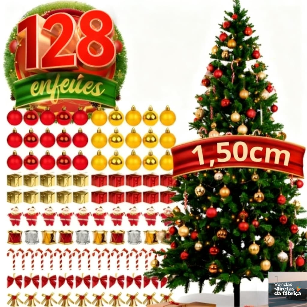 Árvore de Natal Grande 1,50m 230 Galhos Verde Pinheiro com/sem 128 Enfeites e 3 Luzes LED Coloridas