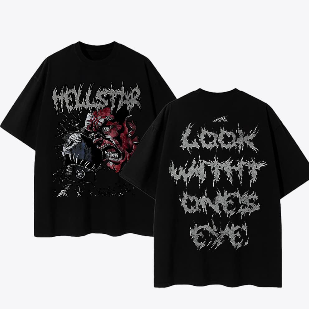 Camiseta Oversized Preta de Algodão, Alta Qualidade, Estampa Hellstar Monstro