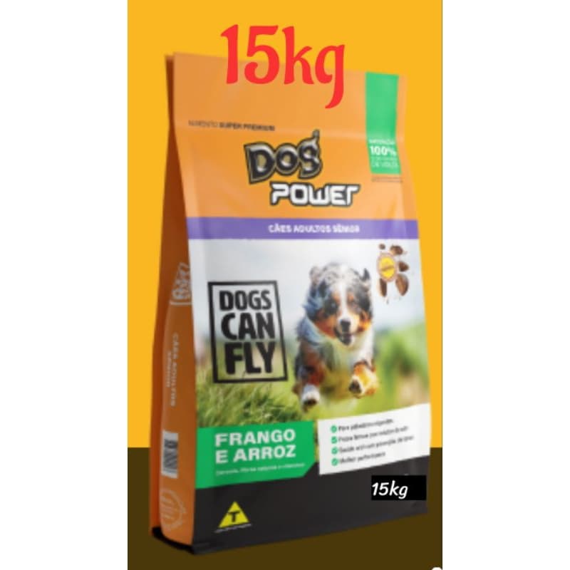15kg, DOG POWER SÊNIOR, Frango e Arroz, Super Premium, Grãos Macios, ração para cachorro idoso, todas as raças