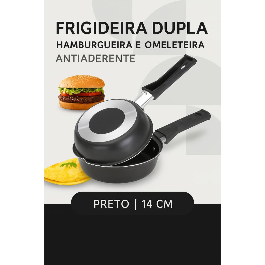 Frigideira Dupla Hamburgueira e Omeleteira Alumínio Antiaderente 14 cm Preto Alumínio Nacional