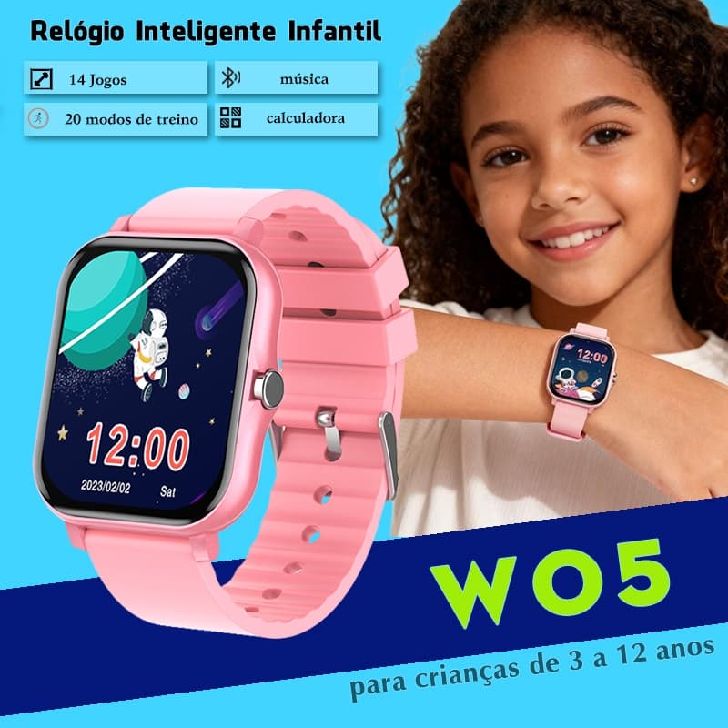 Relógio Inteligente Infantil W05  14 Jogos Educativos, Alarme,  Cartões de Aprendizado Registro de Atividades Físicas​