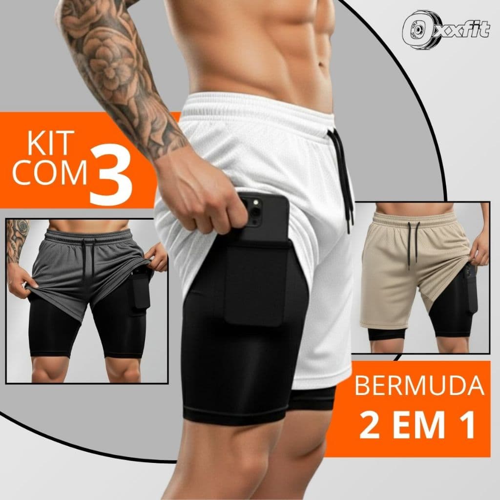 Kit 3 Shorts 2 Em 1 Masculino Dry Fit Bermuda Com Forro De Compressão Para Treino