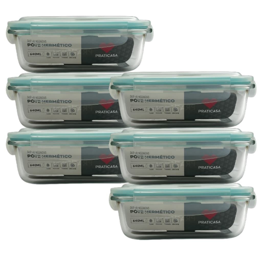 Kit 6 Potes Vidro 640ml Hermético Tampa Antivazamento Marmita Fitness Geladeira Freezer Forno