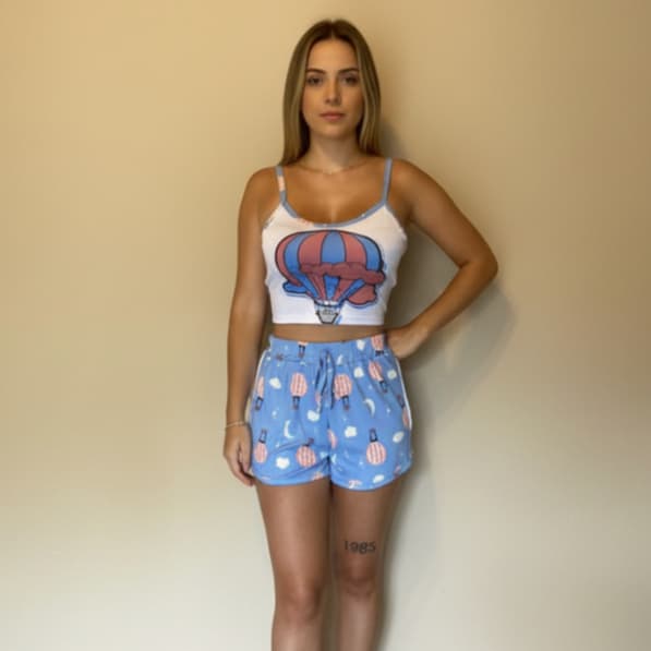 Kit 2 conjunto pijama feminino curto com short e cropped baby doll suede