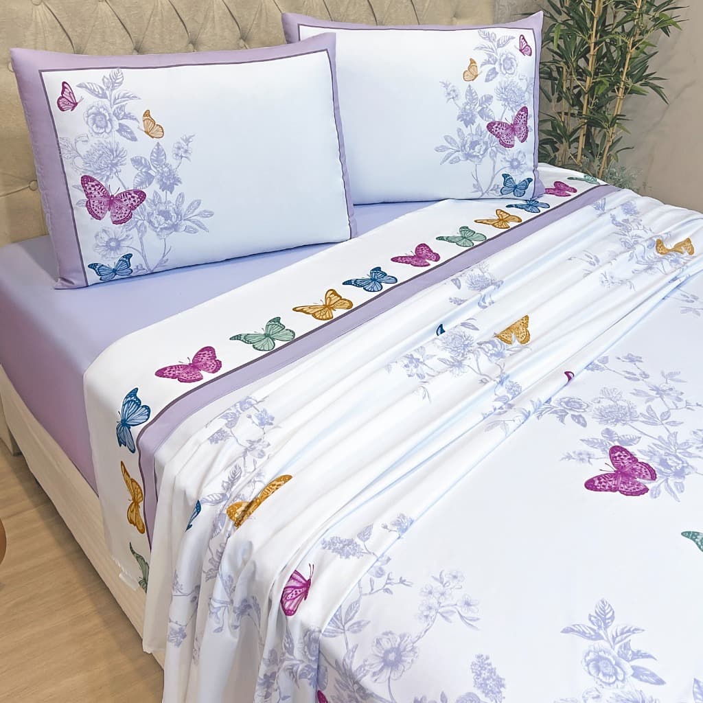 Jogo de Cama Bouquet 4 Peças Casal Queen King Borboleta Percal 300 Fios Conforto Macio Enxoval Cama Quarto Decoração
