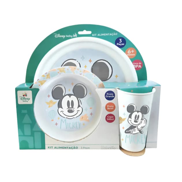 Kit de Alimentação Infantil Mickey e Minnnie – Prato raso, prato bowl e Copo para Refeiçõe Divertida