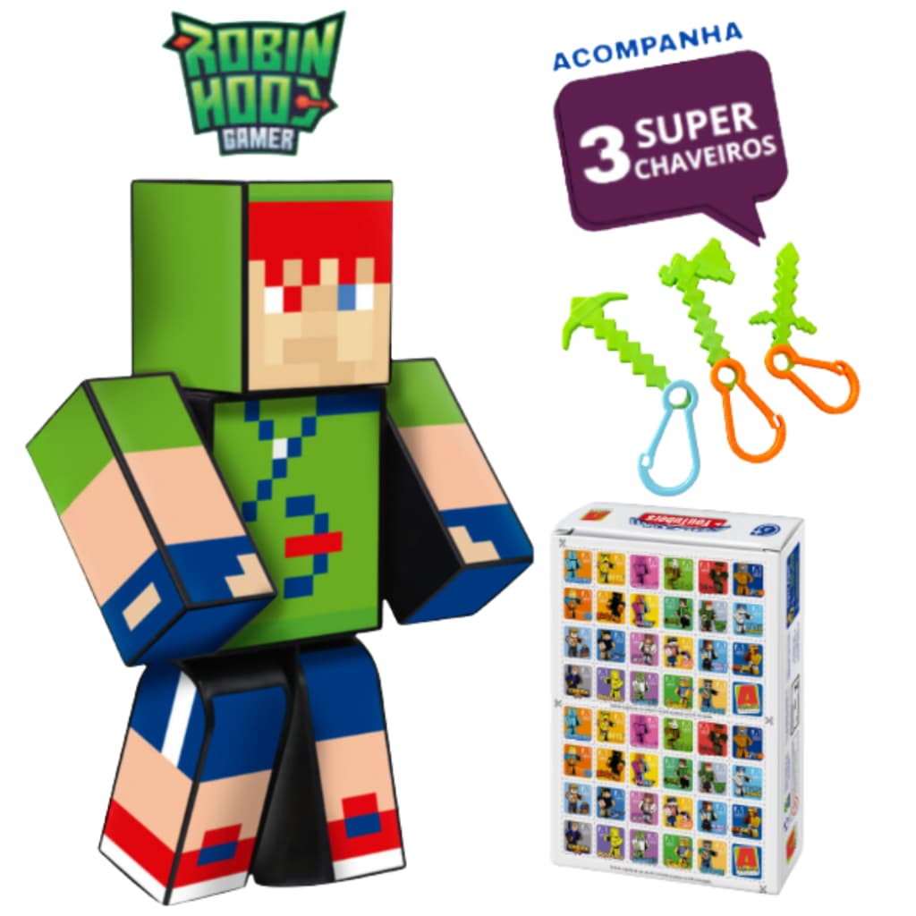Boneco Robin Hood 25cm + 3 chaveiros - Familia Arqueira 25cm craft Youtuber Gamer