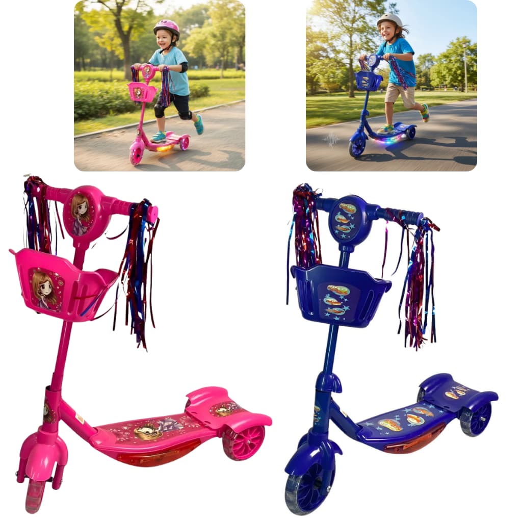 Patinete Infantil 3 Rodas Dobrável Luz Som Cestinha Freio Rosa Azul Presente Menino Menina Brinquedo