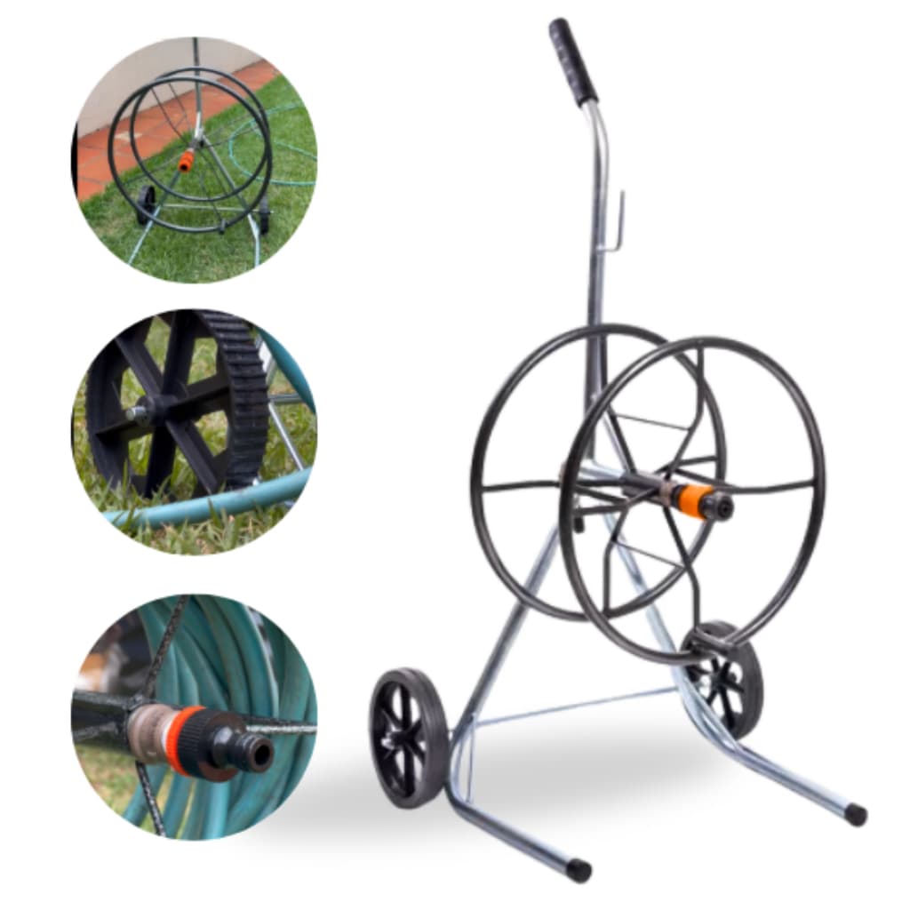 Carrinho Enrolador de Mangueira 30m Aço Inox – Suporte com Rodas Para Jardim.