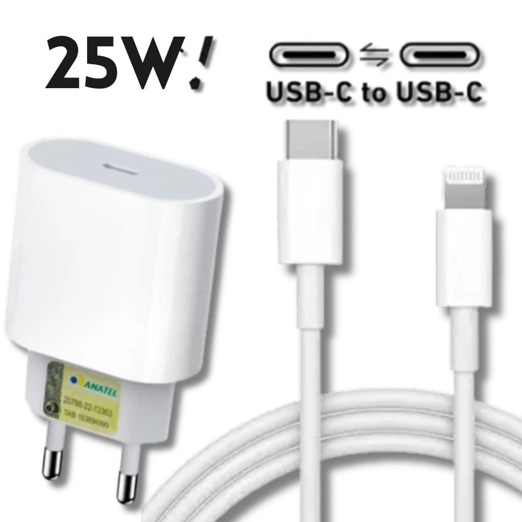 Carregador De Celular Turbo 25W Completo Com a Fonte Saída Tipo-C e Cabo Tipo-C Para Lightning Reforçado